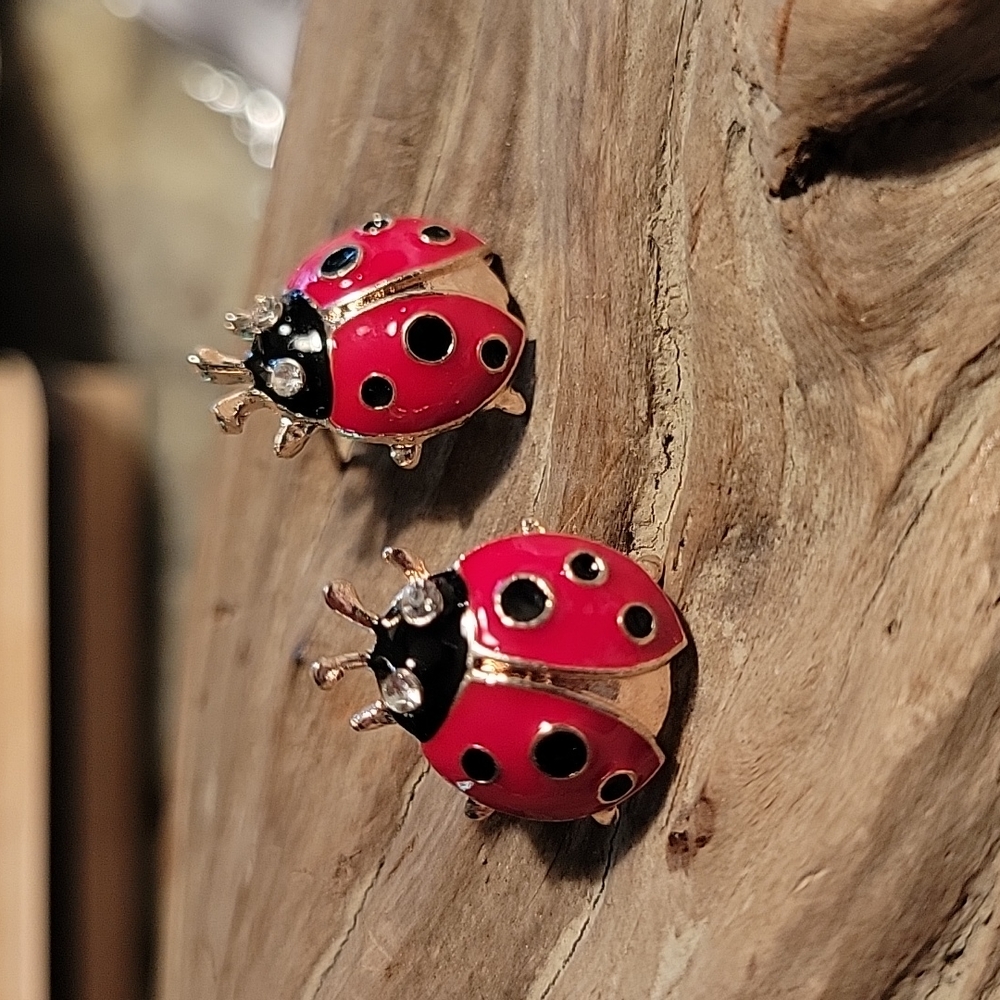 Ladybug Stud Earrings, crystal eyes - Picture 5 of 6